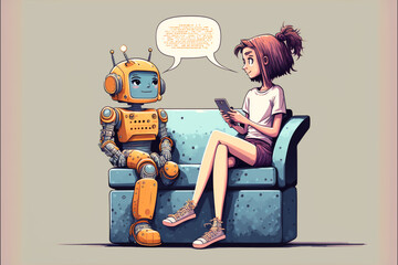 Chat GPT Artificial Intelligence chat bot by Open AI, cartoon style, talking to women message bubble