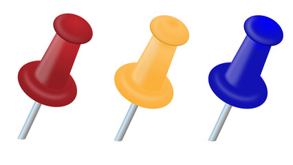 Realistic plastic glossy (Red, Yellow and blue) push pin illustration vector icon on PNG white transparent background.