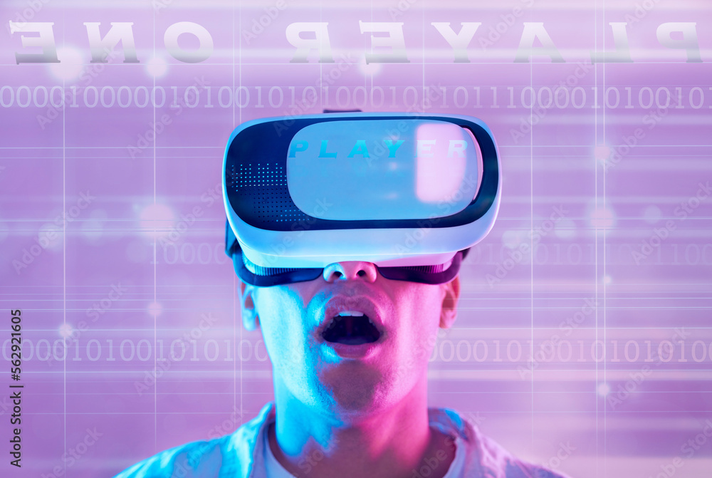 Aufkleber Wow, futuristic and man in virtual reality metaverse gaming on 3d technology. Surprise, neon and male player exploring vr cyber world, ux or simulation with binary numbers, data and ai information.