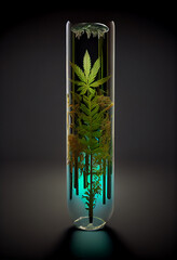 Cannabis leaf and bush in vitro. Cannabis cultivation concept for oil, medical purposes.