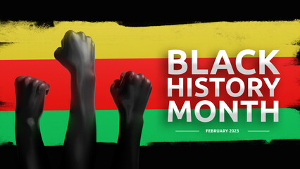 African-Americans Black history month lettering with raised arms and flag background 