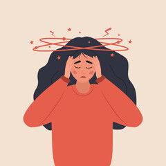 Anemia concept. Sad woman with dizziness. Unhappy girl suffers from vertigo and headache and needs medical help. Lack of iron in immune system. Vector illustration in flat cartoon style.