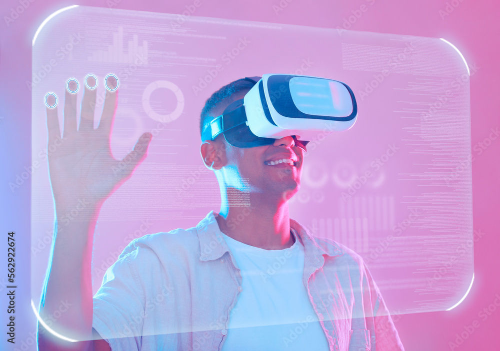 Aufkleber vr hand, 3d futuristic and man in metaverse exploring a cyber world. digital transformation, virtual