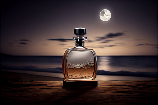 transparent spray bottle of perfume close up backdrop of sea at night. Presentation of unisex perfumes in sea environment.