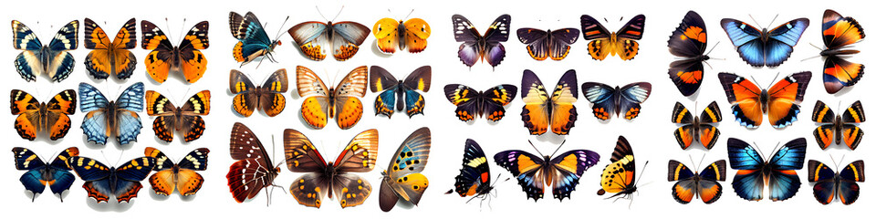 Many types of butterflies, colorful, transparent background