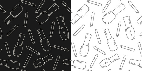doodle seamless pattern with manicure supplies, banner with nail polish for beauty salon, shop, poster on black and white background hand drawn with lines