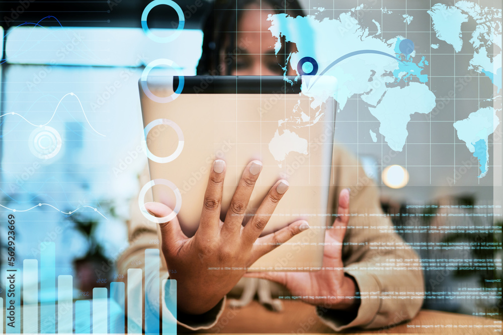 Aufkleber tablet, world map data and woman research digital information, globalization or online programming e