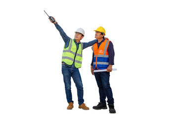 Engineer and foreman worker checking project at building site, Engineer and builders in hardhats...