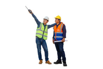 Engineer and foreman worker checking project at building site, Engineer and builders in hardhats discussing on construction site