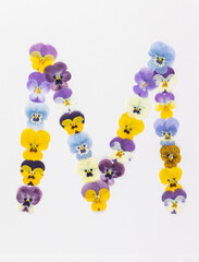 Flower font Alphabet a,b,c,q, r, s, t, made of Real pansy flowers.