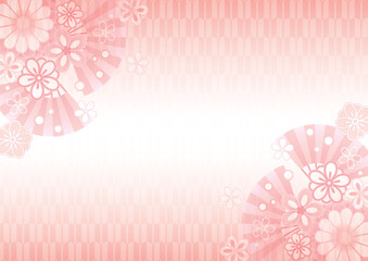 花と扇の矢がすり和背景ヨコピンク