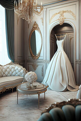 Luxuriöse Brautmode im Brautmodengeschäft: Exklusives Brautkleid präsentiert auf einer Schneiderpuppe - Generative Ai