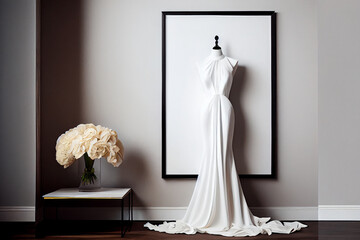 Luxuriöse Brautmode im Brautmodengeschäft: Exklusives Brautkleid präsentiert auf einer Schneiderpuppe. Großer blanker Bilderrahmen als Platzhalter im Hintergrund - Generative Ai