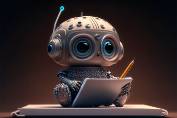 AI Copy writing bot, Artificial Intelligence Copywriter bot using chatgpt by open ai for content writing holding pencil - obrazy, fototapety, plakaty