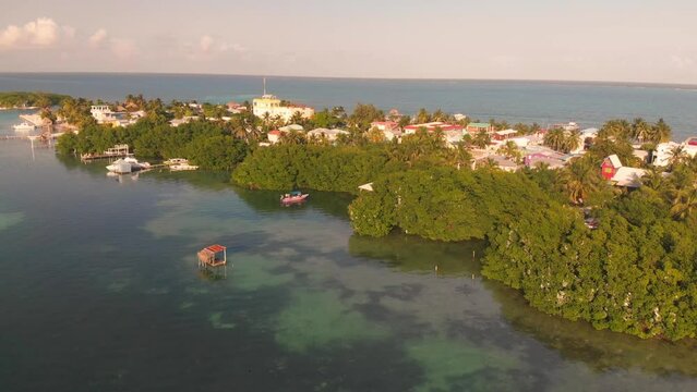 Tropical Island Drone Footage. Caye Caulker in Belize. Aerial Drone of Paradisiac Island.