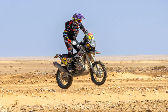 Al-Kharj, Saudi Arabia - January 10, 2023: Daniel Nosiglia Jager from Rieju-XRaidExperience Racing Team running Stage 9 of rally Dakar 2023 edition