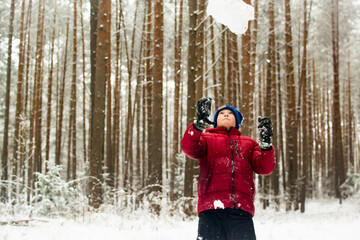 Fototapeta na wymiar Snow game. Children in the forest.