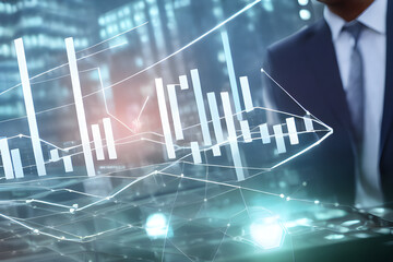 businessman with stock market and business graphs, industrial corporate growth, technological future