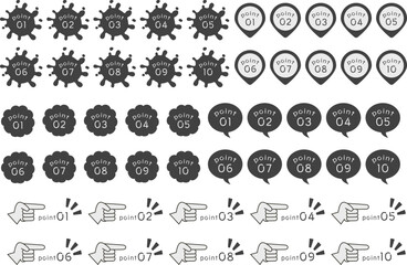 モノクロのインク、ピン、雲、吹き出し、指のジェスチャーのポイントのアイコンセット