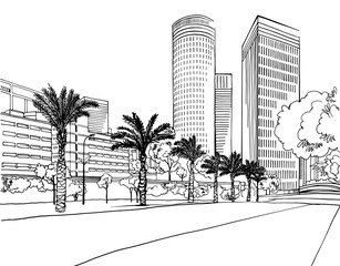 Urban landscape. Nice view on the modern Tel Aviv, Israel. Urban sketch. Hand drawn line sketch. Vector illustration on white.