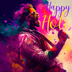 Obraz na płótnie Canvas postcard for the Indian holiday of Holi festival of colors with people throwing colorful powder at each other and the inscription Happy Holi, generative AI