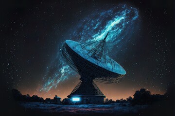 Fantasy night landscape. Milky way, nebulae. Radio telescope for cosmic research and starry night on background. AI