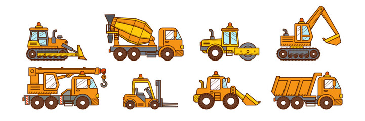 mixer truck, excavator, road roller, dump truck - 562928410