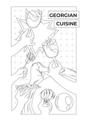 Fototapeta na wymiar Georgian cuisine menu. A poster with hands in which various dishes of khachapuri, khinkali, meat, wine. Flat vector illustration.