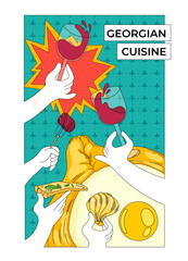 Georgian cuisine menu. A poster with hands in which various dishes of khachapuri, khinkali, meat, wine. Flat vector illustration.