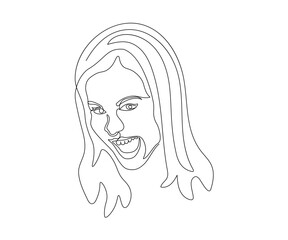 a woman screams, swears, gets angry, yells, scares, angry, hand drawn, continuous monoline, one line art