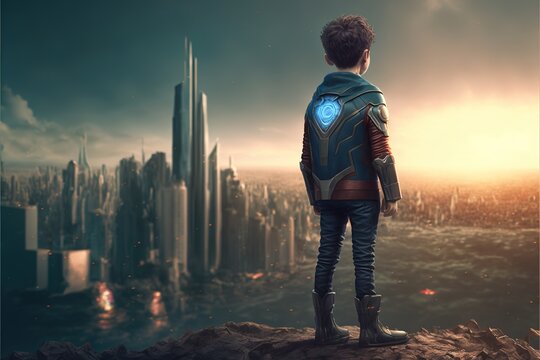Boy standing in futuristic cyborg city. illustration. anime. Digital painting art. digital painting style. generative AI