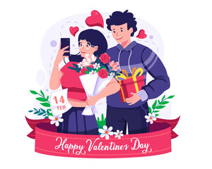 A Couple takes a selfie. A man and woman taking photos together with gifts and flowers. Selfie Lovers. Valentine's day concept illustration