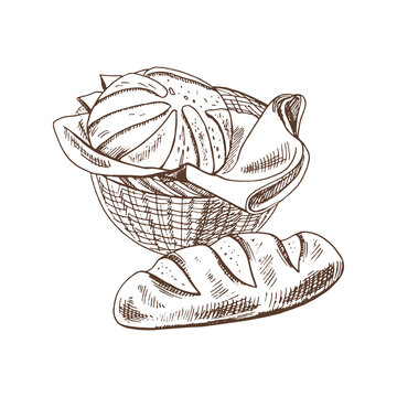 Vector hand drawn sketch  illustration of wicker basket with loaf of bread. Drawing isolated on white background. Sketch icon and bakery element.