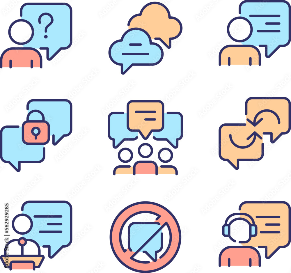 Poster speech balloons pixel perfect rgb color icons set. visualization of people communication. conversati
