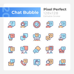 Chat bubble pixel perfect RGB color icons set. Communication with speech balloons. Talking visualization. Isolated vector illustrations. Simple filled line drawings collection. Editable stroke