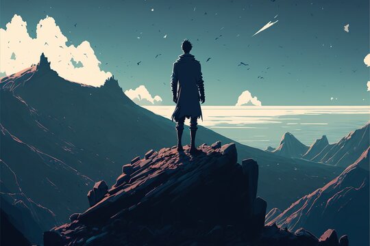 A man standing on a mountain .illustration. anime. Digital painting art. digital painting style. generative AI