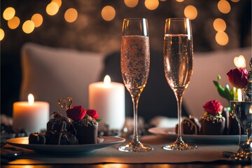 valentine day celebration in bedroom bed champagne, roses, chocolate, and bokeh background with candle light dinner, balloons, valentine's day, Generative AI