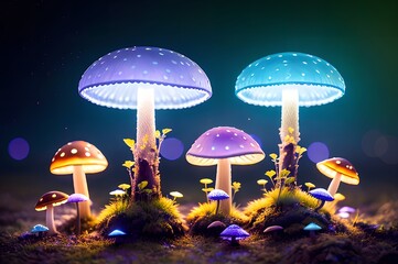 dreamy bioluminescent mushrooms with neon light in forest