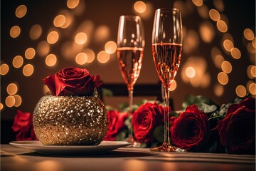 valentine day celebration with champagne, roses, chocolate, and bokeh background with candle light dinner, balloons, valentine's day, Generative AI