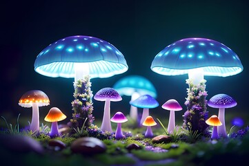 mushrooms in the grass,bioluminescent mushrooms