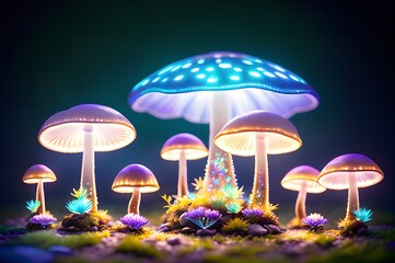 mushrooms on grass with colorful light