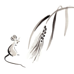 Little mouse and wheat spike. Hand drawn in chinese ink with paper texture. Isolated on white. Inkdrawn collection. Bitmap image