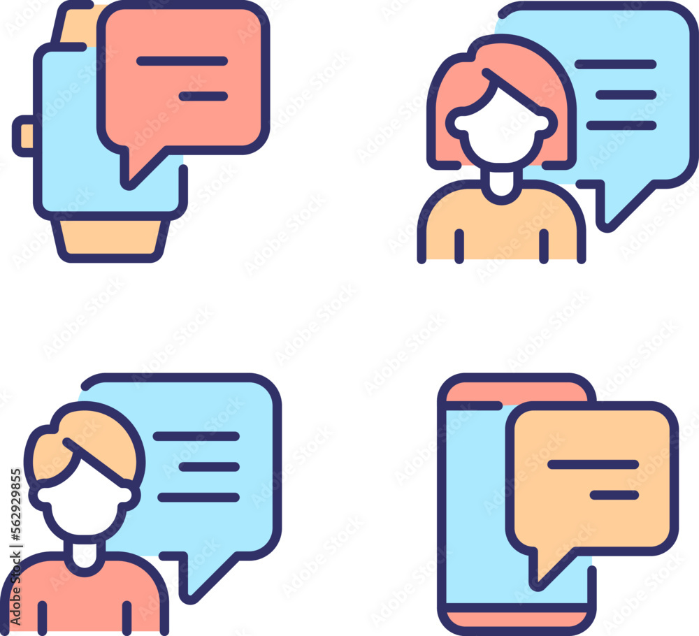 Poster communication with chat bubbles via gadgets pixel perfect rgb color icons set. technology of connect
