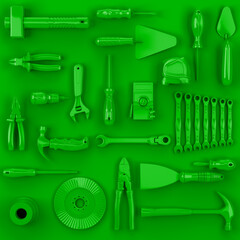 colored green tools set background concept of repair tools warehouse promotion 3d render