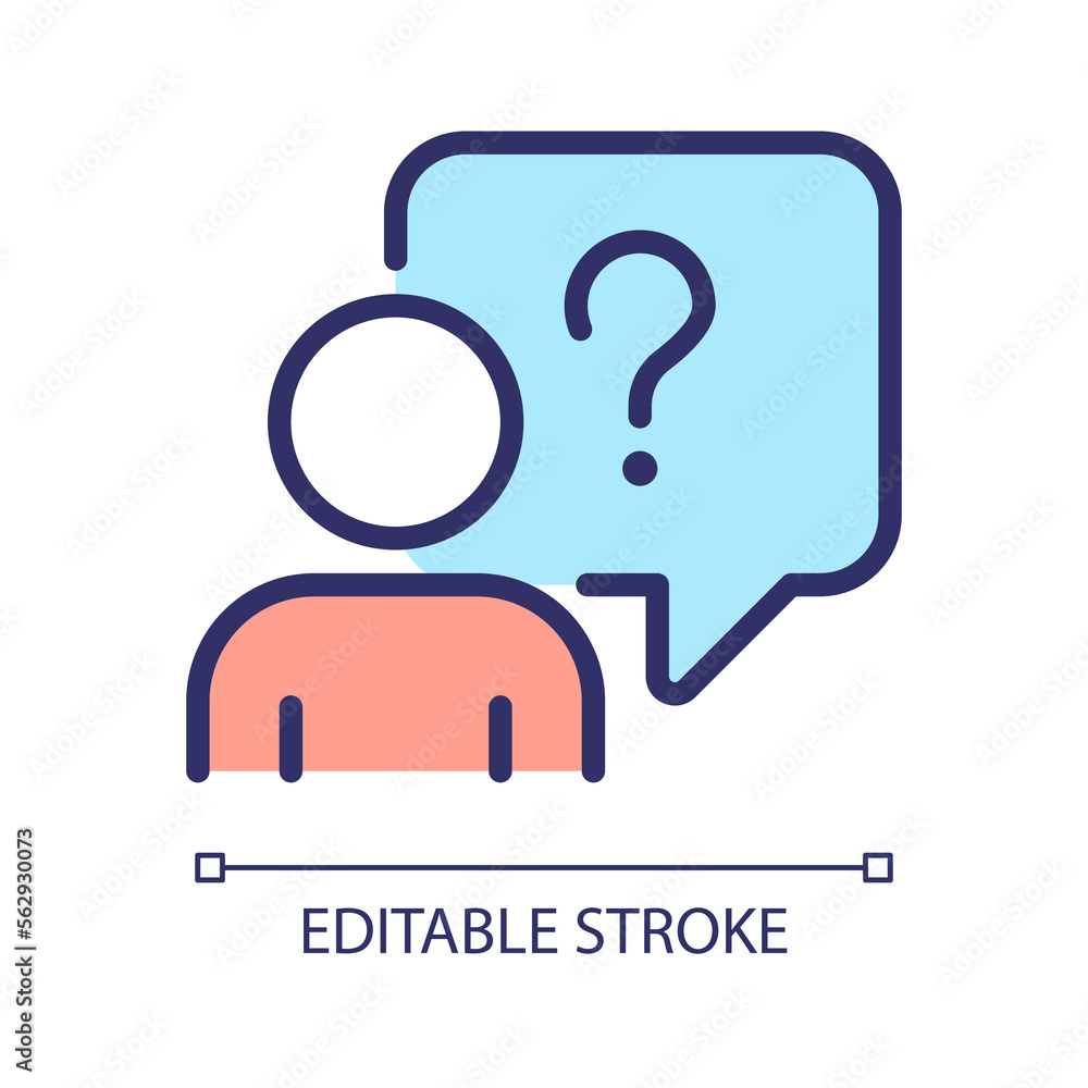 Poster asking question pixel perfect rgb color icon. confused person with speech bubble. information suppor