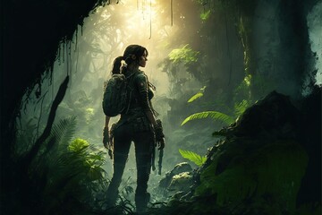 Tomb rider in the jungle with his gadget's mystery .illustration. anime. Digital painting art. digital painting style. generative AI