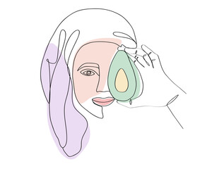 continuous one line drawing of a girl with a towel on her head and an avocado in her hands. 