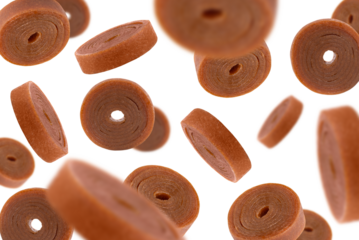 Levitation of apple pastille rolls isolated on transparent background.