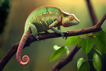 Fototapeta premium Chameleon lizard on a branch, generative ai