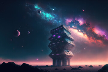 Naklejka premium Fantasy night space landscape with sci-fi observatory, platform, starry sky, nebulae, neon. AI